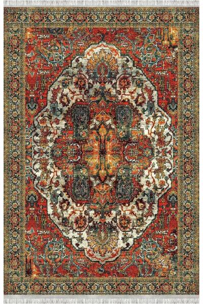 Carpettex Kırmızı Yeşil Salon Halısı Klasik Medallion Dijital Baskılı Kaymaz Tabanlı Halı Dijital Baskı Halı 7