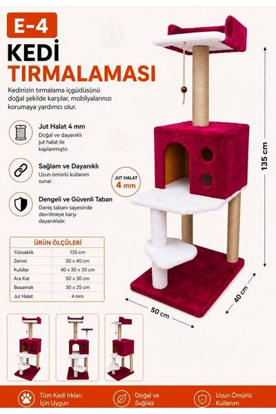 Dumanpet Tırmalama Kedi Evi 124x55x40 Cm [e-4] Kırmızı