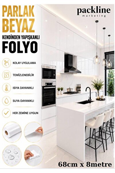 Packline Marketing Sjajna bela lepljiva folija za kuhinjske ormariće i namešt...