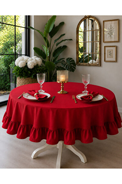 Decamor home Pearl Velvet Textured Vintage Red Ruffled Round Tablecloth Seamless