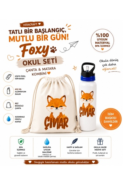 veracraft Kişiye Özel Tilki Temalı İsim Baskılı Okul Seti - Bez Büzgülü Çanta...