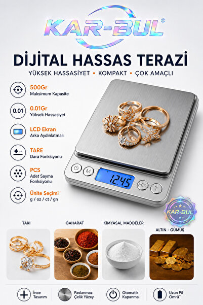 kar-bul Dijital Hassas Kuyumcu Terazisi 0,01 gr Hassasiyetli 500 gr Kapasitel...