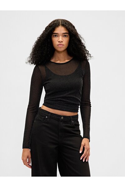 GAP Kadın Siyah Sheer Metallic Mesh T-Shirt