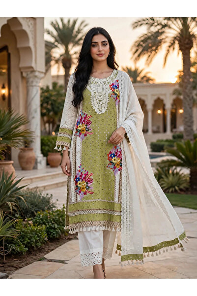 Generic Cotton Heavy Embroidered & Crochet work Party Wear Straight Suit- FUL...