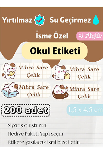 GÖKÇETasarım *ROZET HEDİYELİ* Sevimli Kedi Temalı Isme Özel Okul Etiketi / Kı...