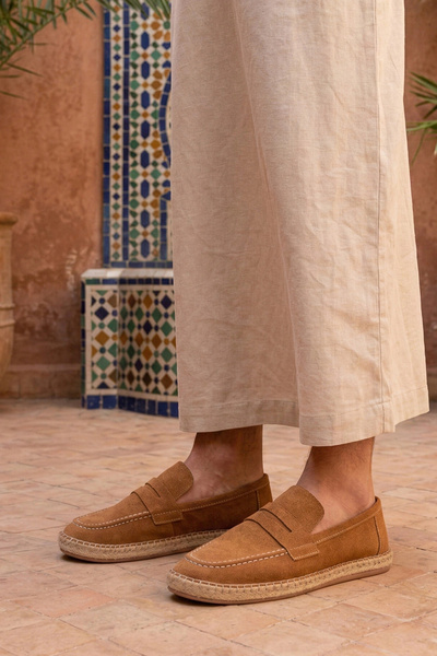 by selvi Lukka Shoes Lotus Men's Faux Leather Tan Loafer Espadrille