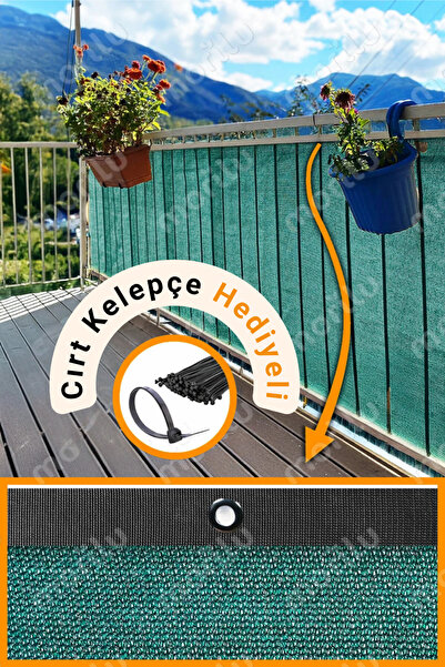 Morilu %95lik Yeşil BALKON PERDESİ - SİYAH Şeritli Halkalı - Balkon Demiri Fi...