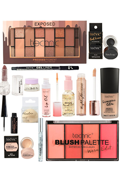TECHNIC UK Exposed Gift 14 Pc All-in-One Makeup Kit (3 eye products in black)...