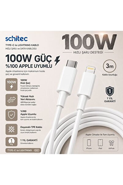 schitec 6A 100W Uyumlu Type-C to Lightning 3Metre Süper Hızlı Data ve Şarj Ka...
