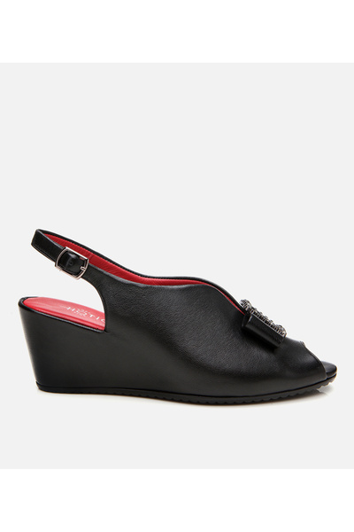 Hotiç Women's Leather Black Buckle Flexible Wedge Heeled Sandals