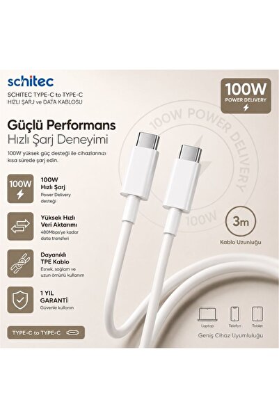 schitec 6A 100W Type-C to Type-C Hızlı Data ve Süper Şarj Kablosu 3 Metre Bey...