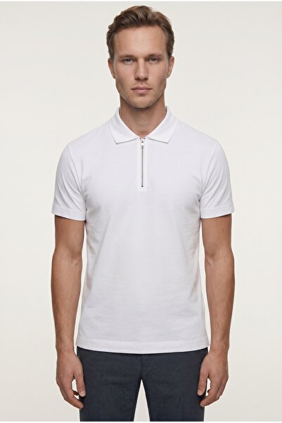 Tween Relaxed Fit Beyaz Yarım Fermuarlı Polo Yaka Yazlık T-Shirt