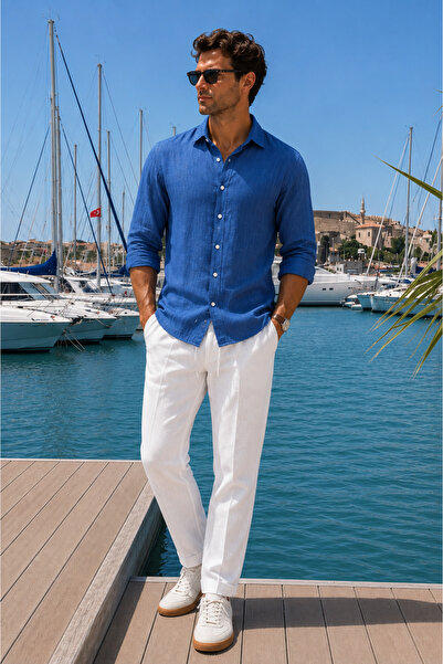 BRACCAS Men's Side Pockets, Elastic Waist, Linen Blend, Relaxed Fit, White