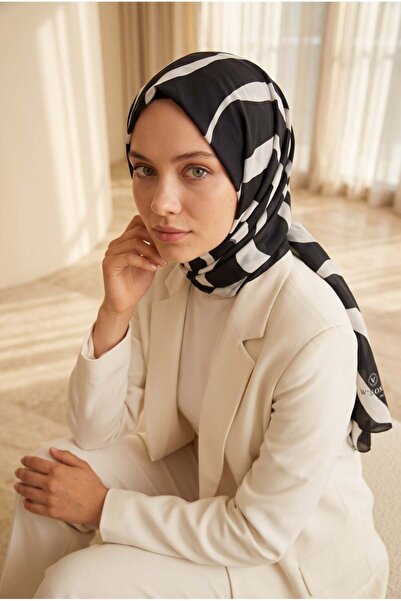 Vissona %100 Saf İpek Şal İnce Saten Vual Dokuma Zebra Desenli 90x210 Şal
