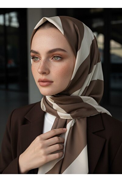 Vissona %100 Saf İpek Şal İnce Saten Vual Dokuma Çizgili Desenli Vizon - Krem...