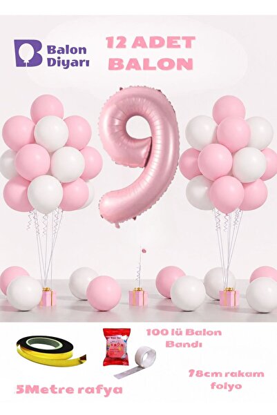 BALON DİYARI 9 Year Old Pink Birthday Balloon Set 78cm Balloon Includes Ballo...