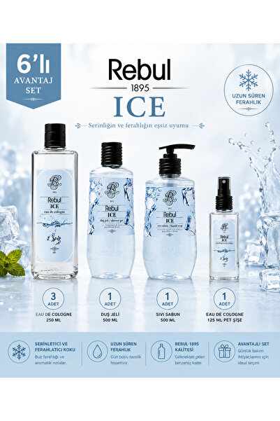 Rebul Ice (Buz) 6’lı Set: 3x250ml Cam Şişeli Kolonya, 500ml Duş Jeli, 500ml S...