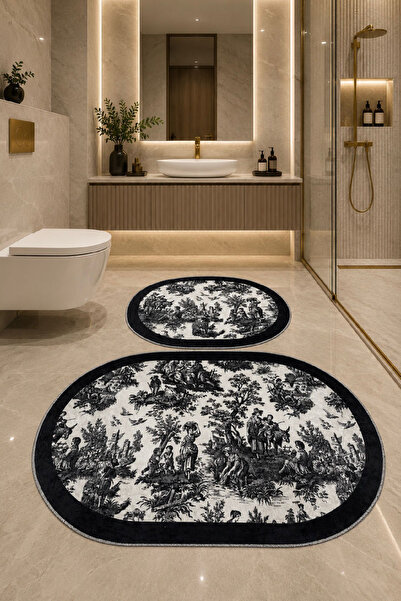 naya home Dekoratif Dijital Baskılı 2 Li Set Banyo Paspası Kaymaz Tabanlı Klo...