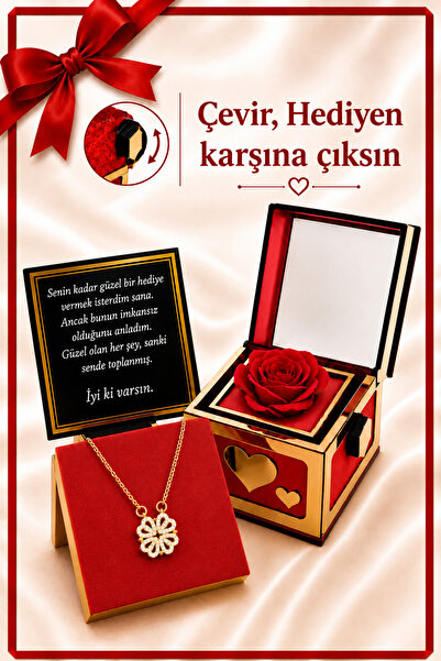 Aroma Hediye 14 Ayar Altın Kaplama Açılabilir Yonca Güllü Çevirmeli Dönen Kut...