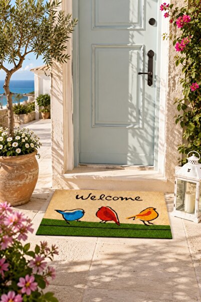 esnature ColorfulChirpBirds Mat - 45x70 Cm, BrownWelcomeDoor Front,BirdsCrooked