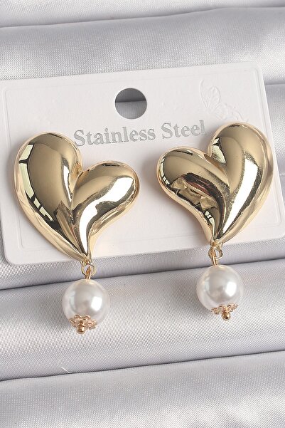 Inure Jewelry Brass Gold Color Heart Model Dangle Pearl Detail Women's Earrings