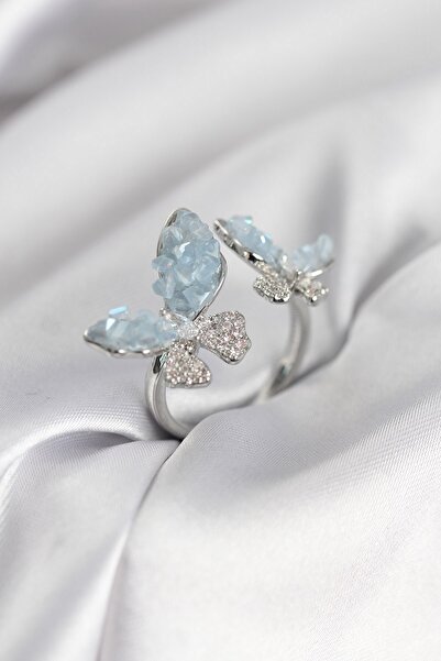 Inure Jewelry خاتم نسائي فضي اللون بتصميم فراشة زرقاء مرصع بحجر الزركون