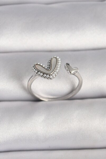 Inure Jewelry Brass Silver Color White Enamel Pearl Detailed Heart Model Adju...