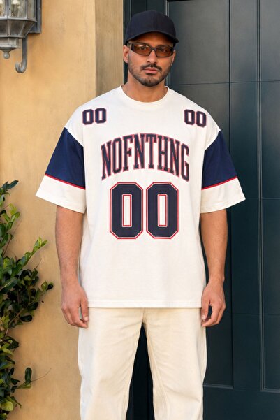 Madmext Ecru Printed Cotton Oversize Men's T-Shirt 7035