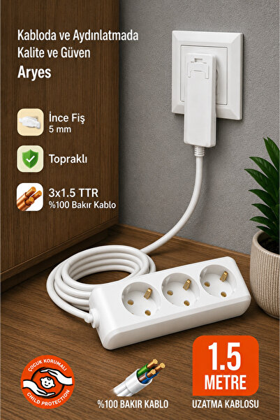 3-Piece White Socket 1.5m Thin Plug Extension Cable 100% Copper Cable Use Behind Furniture