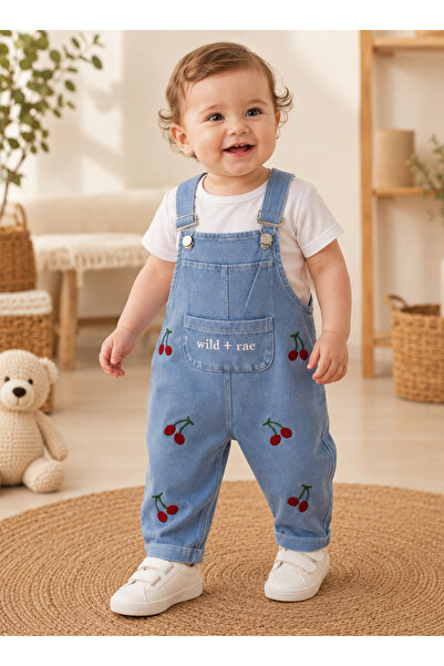 EYMİRGİYİM Cherry Embroidered Denim Salopet Baby Girl 2-Piece Set 6-9Months, ...