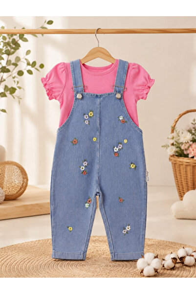 EYMİRGİYİM Floral Denim Salopet Baby Girl 3-Piece Set 6/9 Months, 9/12 Months...