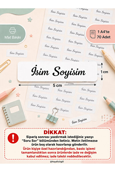 Hayali Çizgili Kişiye Özel İsim Etiketi Mat Baskı 5x1 cm 70 Adet A4 Okul İsim...