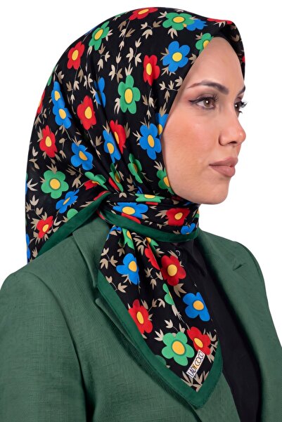 hadiora Women's Black Green Floral Patterned Organic Cotton Soft Scarf
