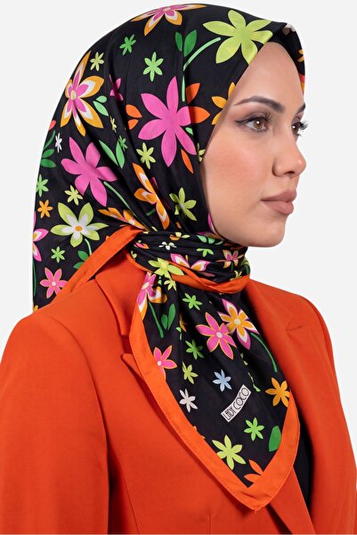 hadiora Women's Black Orange Floral Patterned Organic Cotton Soft Scarf