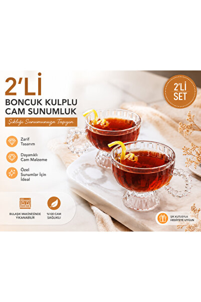 Eşya Dünyası 2'li Boncuk Kulplu Ayaklı Cam Sunumluk - Lokumluk, Dondurmalık v...