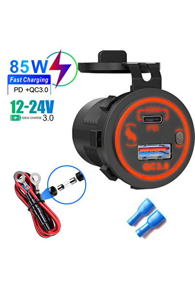 Choice4 Red with lines 85W PD Type C/QC 3.0 USB Car Charger with Switch Fast ...