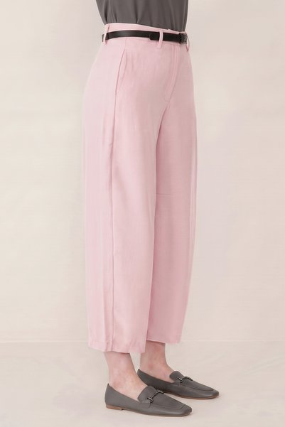 LA PANTE Women's Trousers Barrel Pants Belted Cloutte Pants High Waist Stylish Boyfriend Wide Leg Pink Fabric Pants