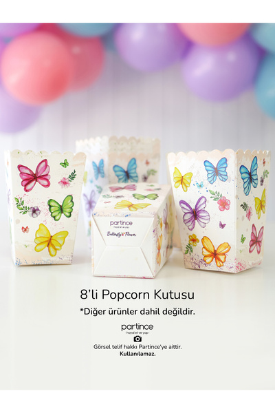 partince Pastel Kelebek Çiçek Tema 8'li Popcorn Patlamış Mısır Kutusu