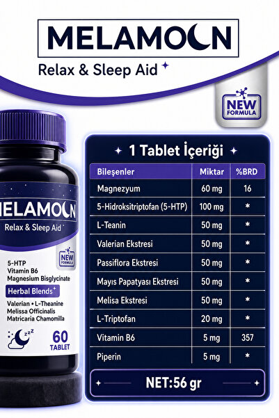 Melamoon 5-HTP, ve Kediotu ekstresi, Takviye Edici Gıda 60 Tablet