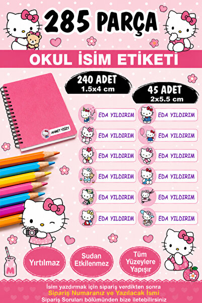 Kt Grup Okul Etiketi Kalem Defter Etiketi Özel Isimli Etiket Hello Kitty 12 F...