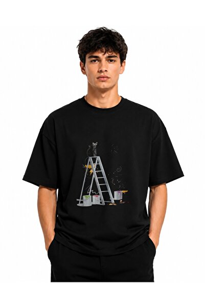 Inscriptie Tricou Unisex Bumbac Premium Casual " Pisica pe scara "