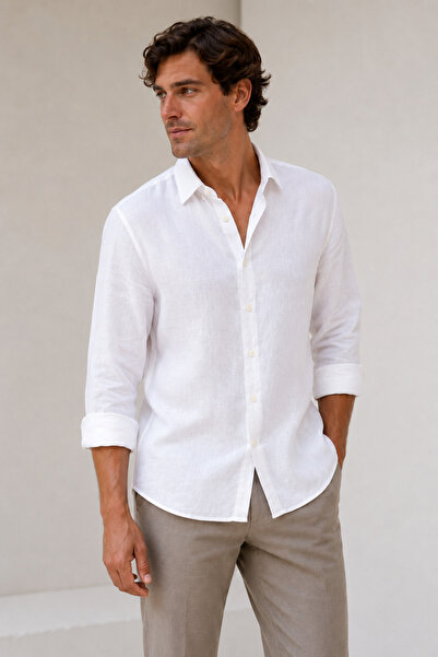 MAN EDITION White 100% Pure Linen Fabric Regular Fit Comfortable Flowing Long...