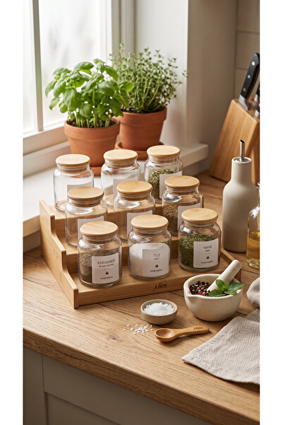 zezedesing 9'Lu Bambu & Şık Vakum Kapak Cam Baharatlı Seti 300ML & Bambu Düze...