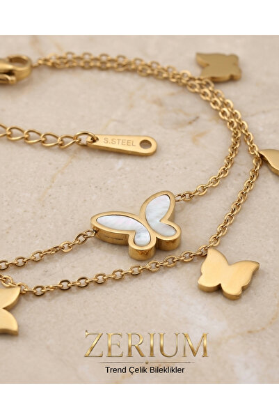ZERİUM Women's Trendy Steel Bracelet with Double Row Butterfly Figures