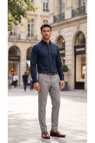 Generic Brand Men's long sleeve shirt with concealed button and metal detail