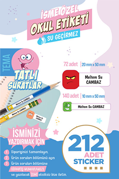 colortouch 212 ADET Tatlı Suratlar Temalı Okul Etiketi Sticker Kalem Etiket D...