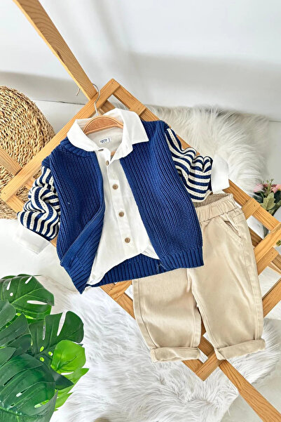 Minigimin Cicileri My Little One's Knitted Cardigan Baby Boy 3-Piece Cotton S...
