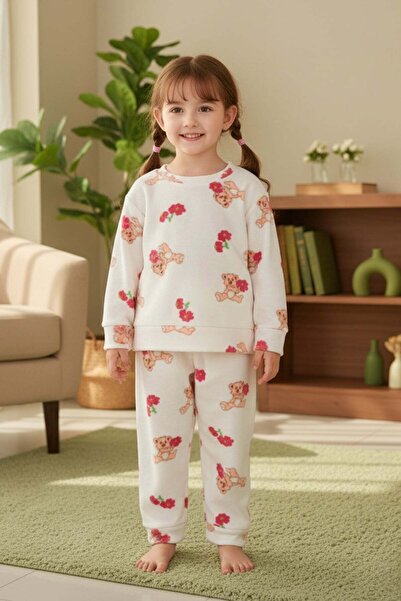 Fulla Moda Teddy Bear Patterned Crew Neck Fleece Girls' Pajama Set