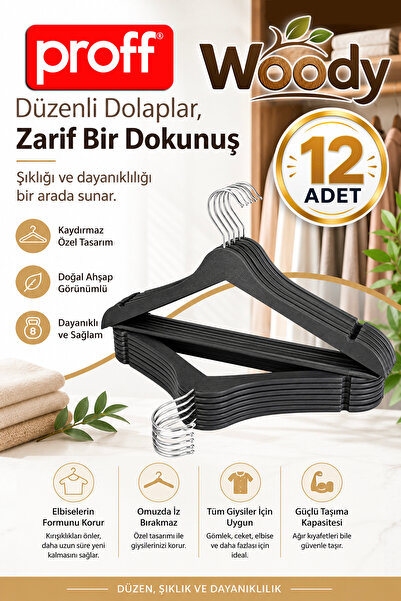 Proff Wooden Patterned Plastic Clothes Hangers-Black- 12 Pieces