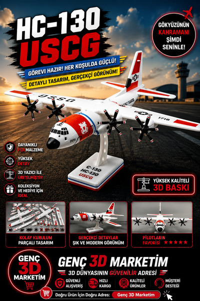 HC-130 USCG Uçak Modeli | Dekoratif Masaüstü Maket | Dayanıklı ve Şık Tasarım